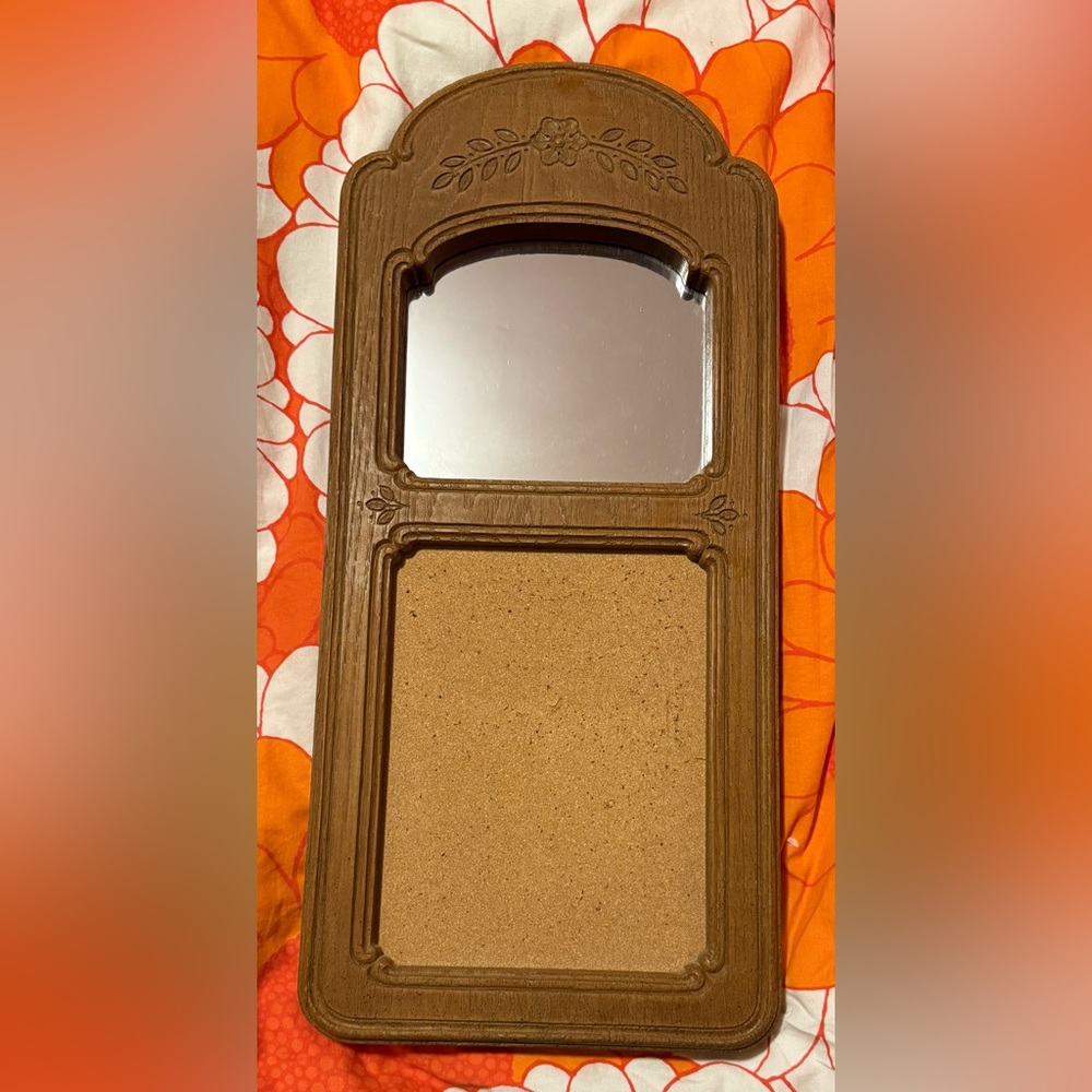 Vintage 1970s Syroco Mirror and Cork board wall hanging
